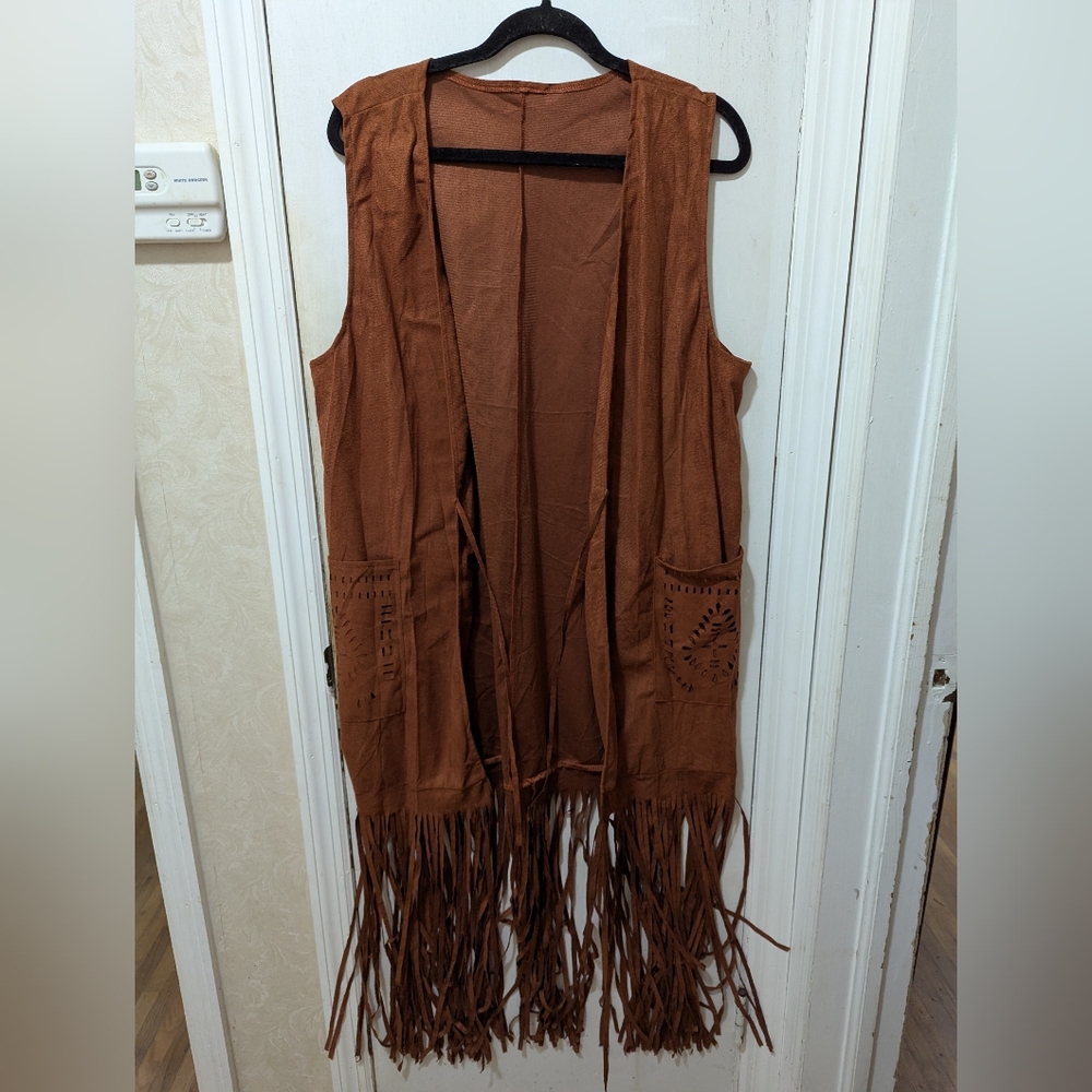 Brown Faux Suede Long Fringe Vest, XXL